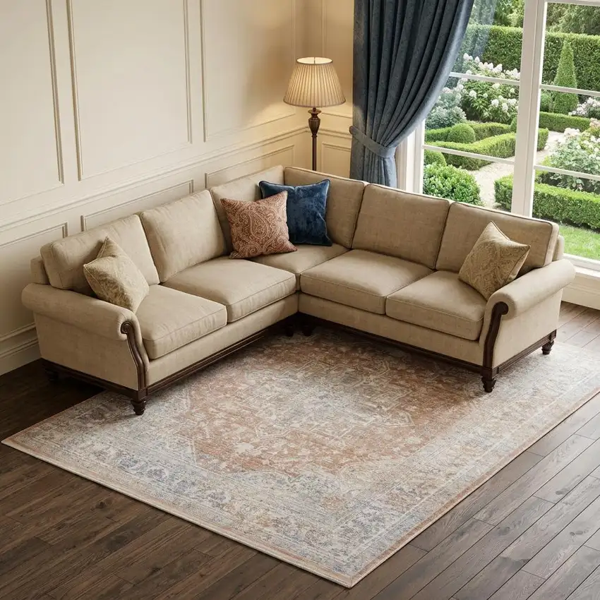 Brown and Blue Oriental Power Loom Distressed Area Rug With Fringe Photo 1