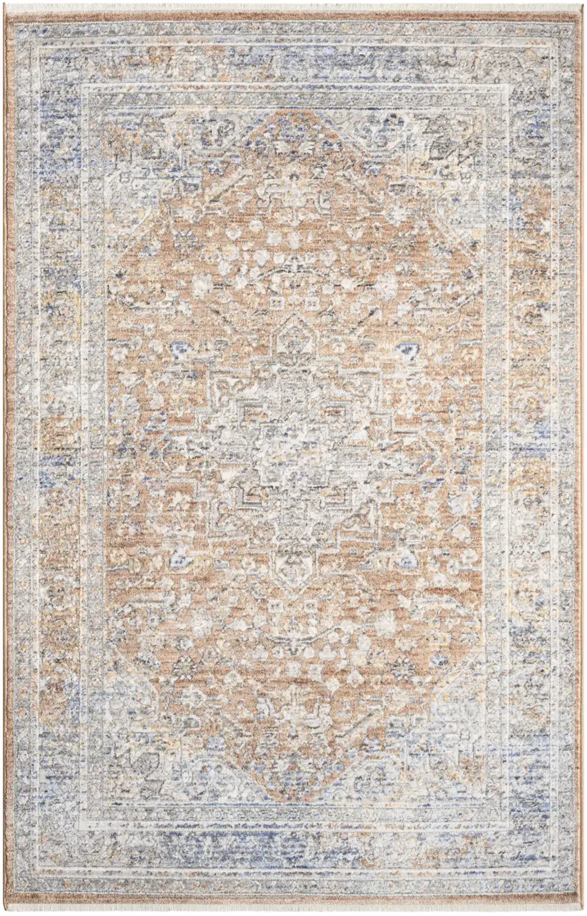 Brown and Blue Oriental Power Loom Distressed Area Rug Photo 1