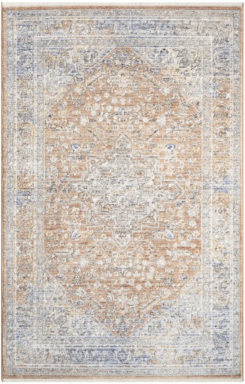 Brown and Blue Oriental Power Loom Distressed Area Rug Photo 9