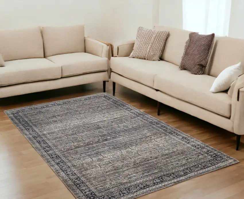 Brown and Blue Oriental Printed Distressed Area Rug Photo 1