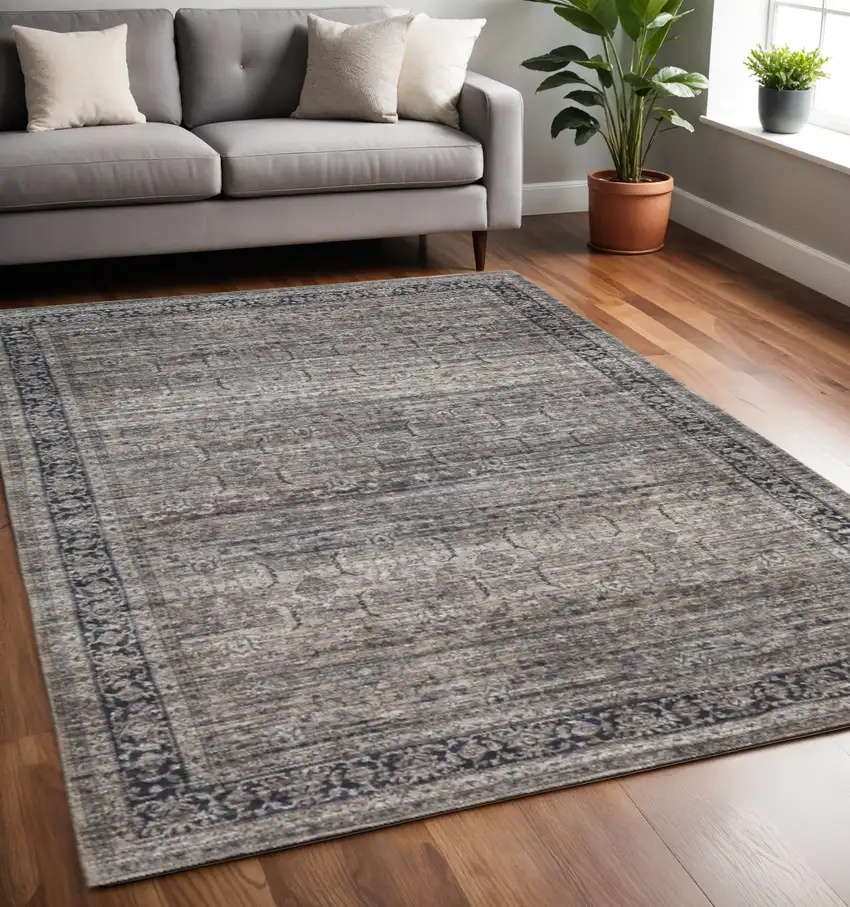 Brown and Blue Oriental Printed Distressed Area Rug Photo 1
