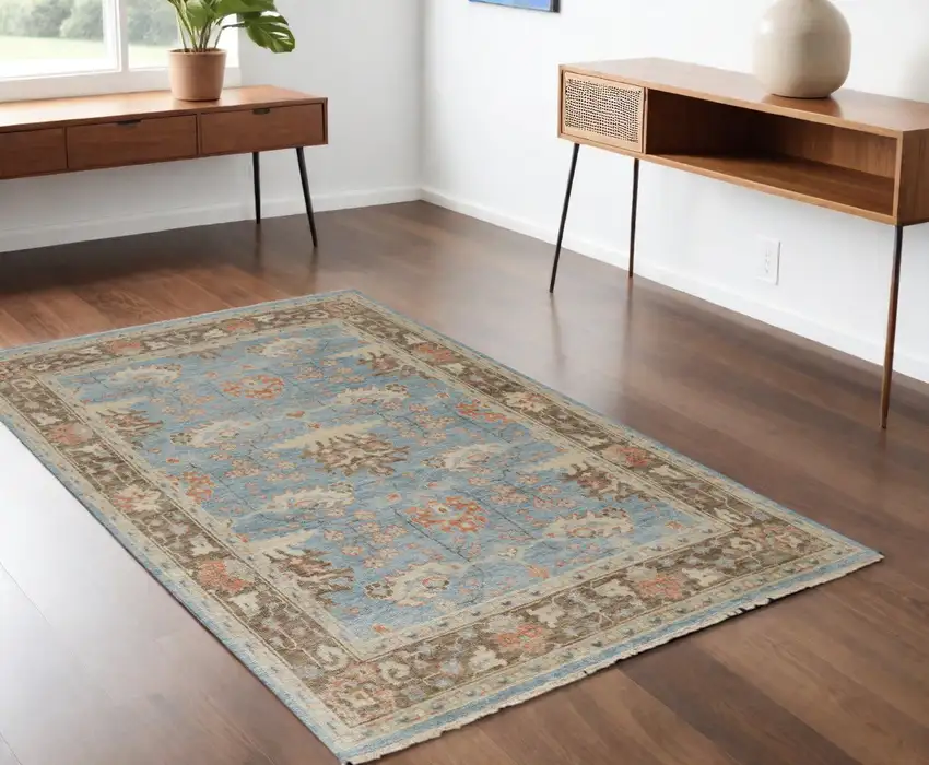Brown and Blue Wool Oriental Hand Knotted Area Rug Photo 1