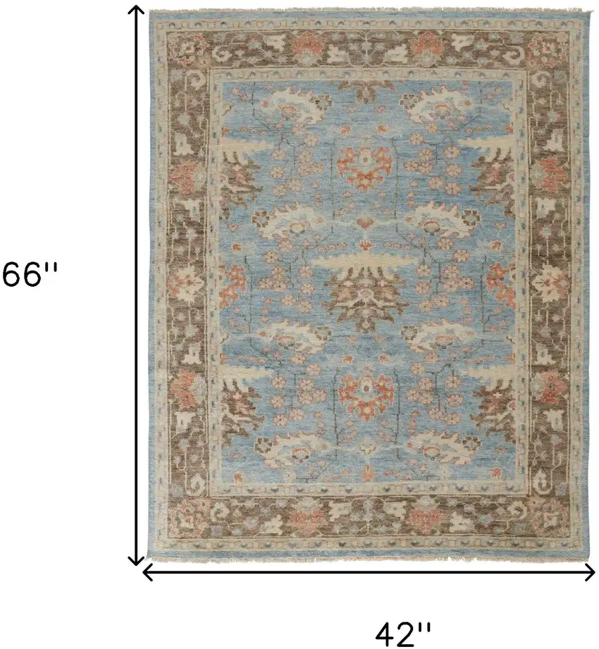 Brown and Blue Wool Oriental Hand Knotted Area Rug Photo 3