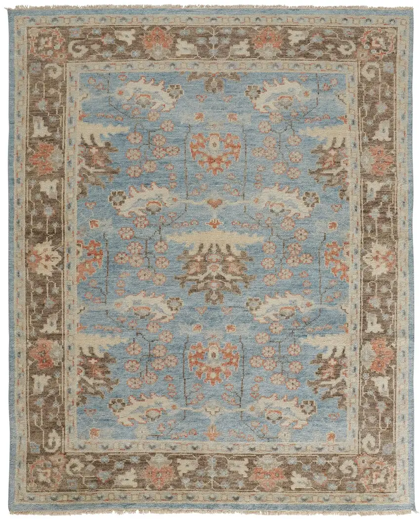 Brown and Blue Wool Oriental Hand Knotted Area Rug Photo 5