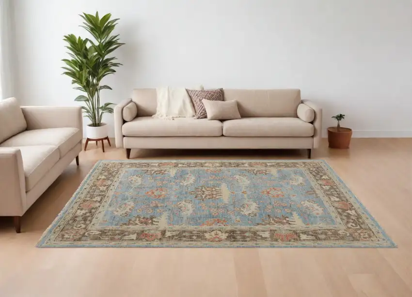 Brown and Blue Wool Oriental Hand Knotted Area Rug Photo 1