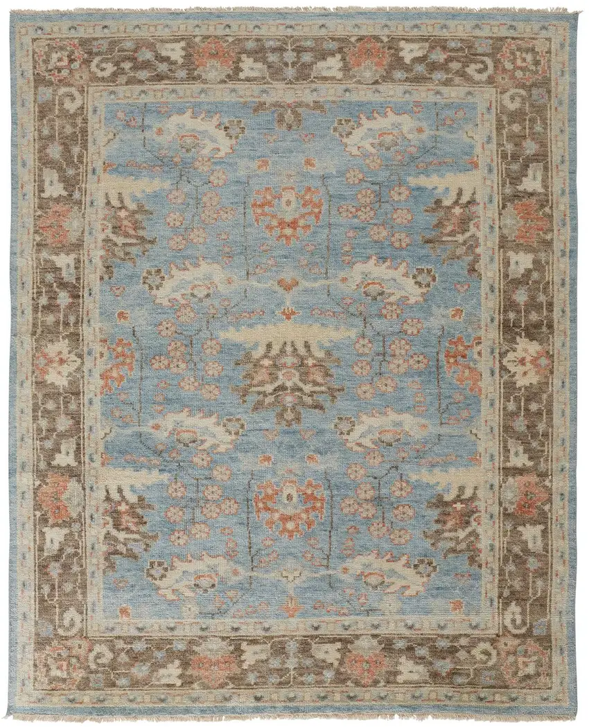 Brown and Blue Wool Oriental Hand Knotted Area Rug Photo 2
