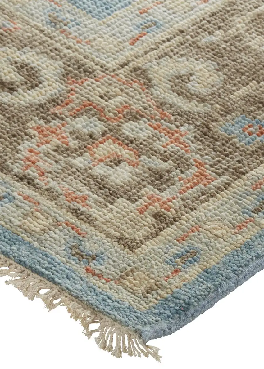 Brown and Blue Wool Oriental Hand Knotted Area Rug Photo 6