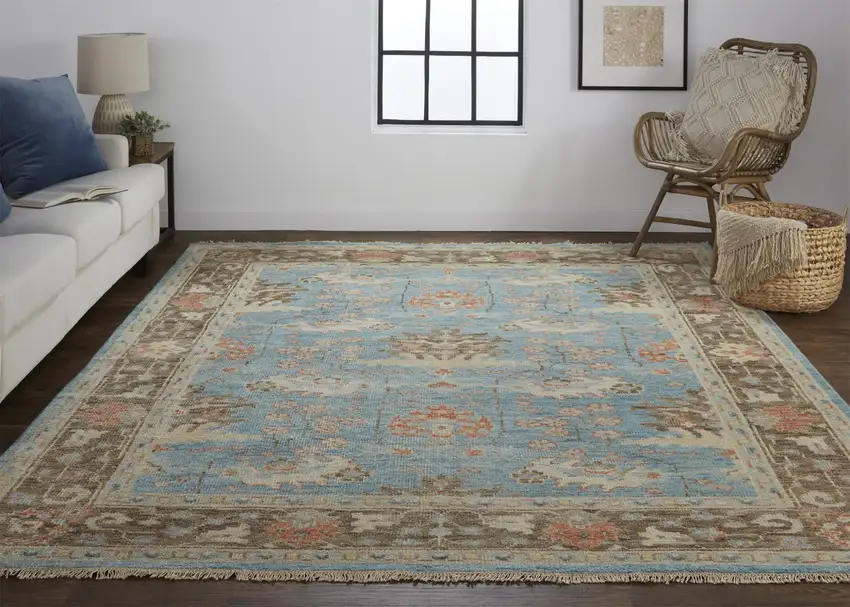Brown and Blue Wool Oriental Hand Knotted Area Rug Photo 7