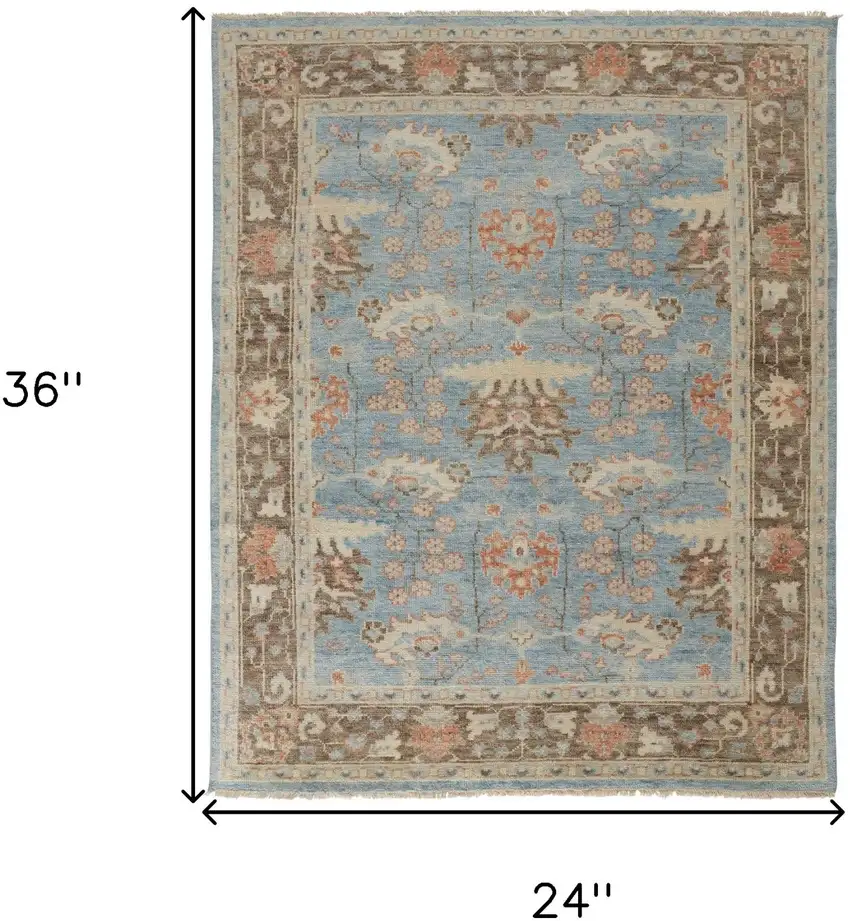 Brown and Blue Wool Oriental Hand Knotted Area Rug Photo 3