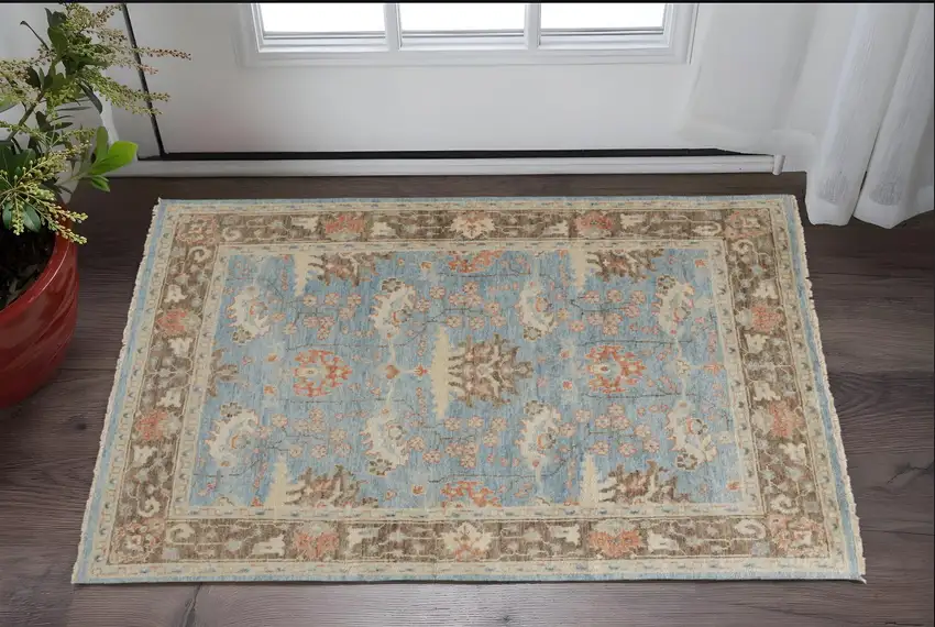 Brown and Blue Wool Oriental Hand Knotted Area Rug Photo 1