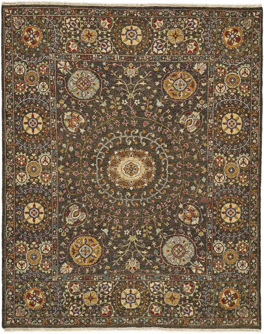 Brown and Gold Wool Geometric Hand Knotted Area Rug Photo 2
