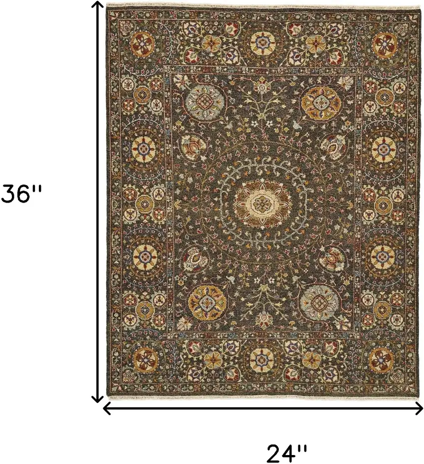 Brown and Gold Wool Geometric Hand Knotted Area Rug Photo 3