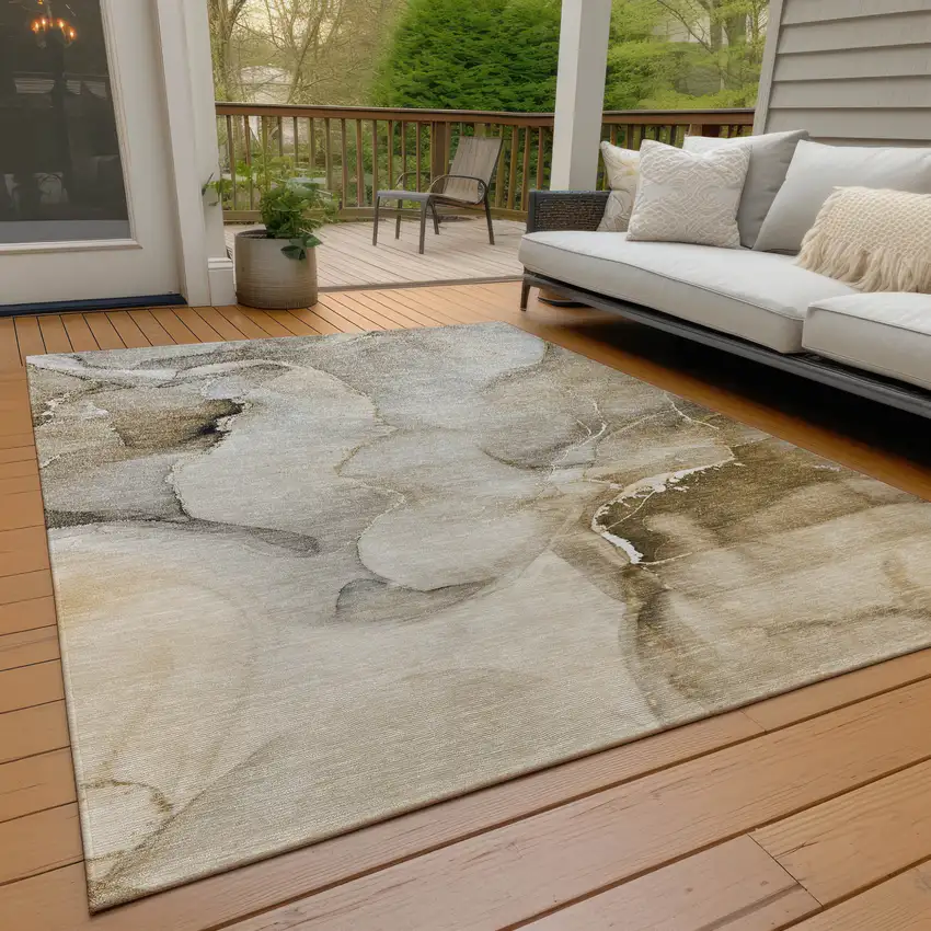 Beige and Brown Abstract Washable Indoor Outdoor Area Rug Photo 8