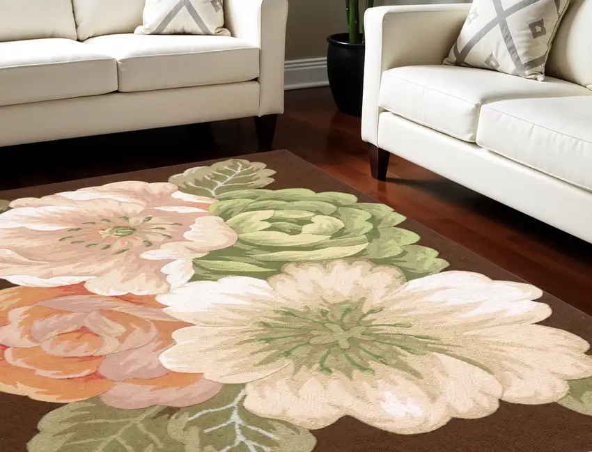 Brown and Green Floral Hand Hooked Area Rug Photo 1
