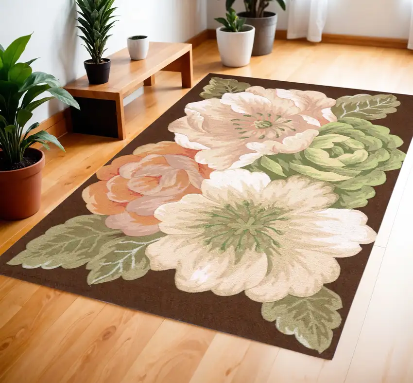 Brown and Green Floral Hand Hooked Area Rug Photo 1
