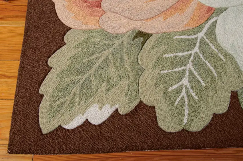 Brown and Green Floral Hand Hooked Area Rug Photo 5