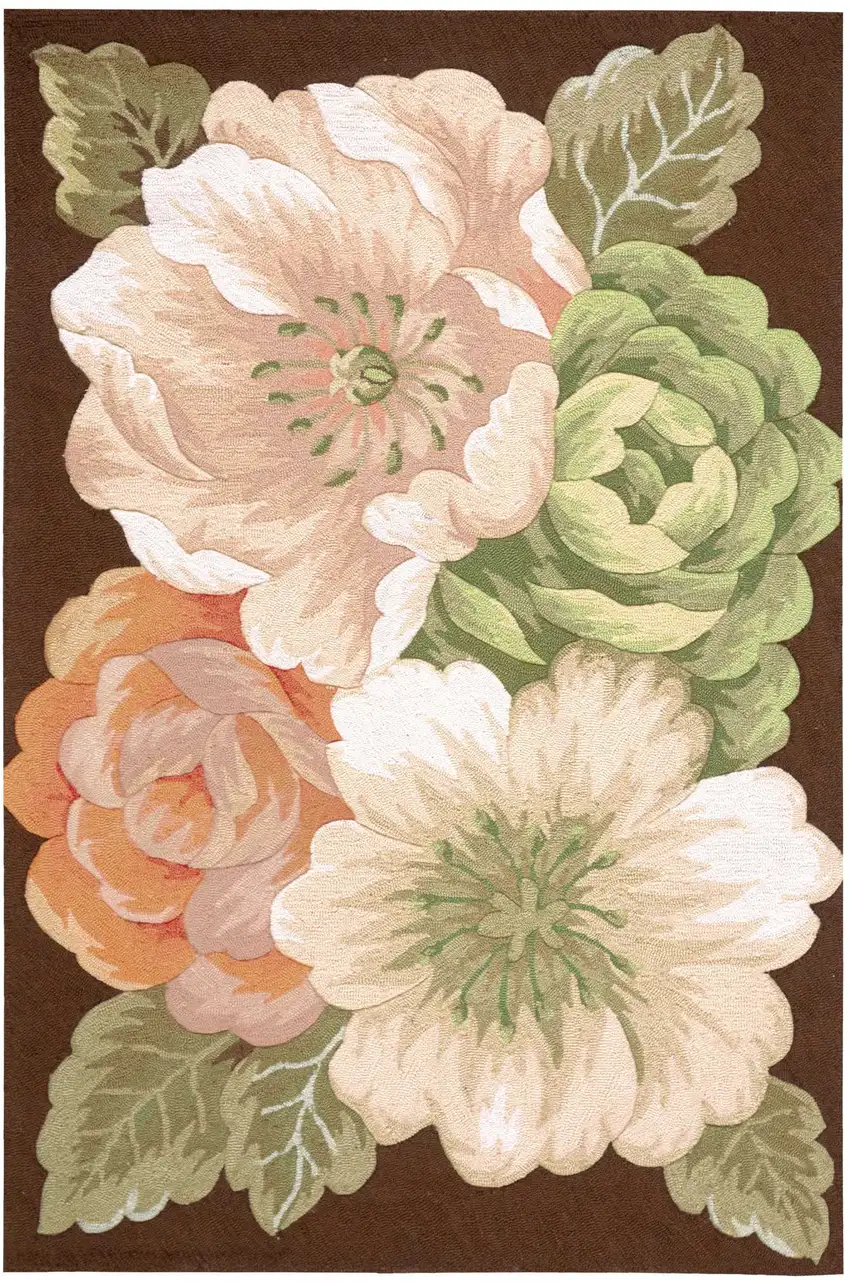 Brown and Green Floral Hand Hooked Area Rug Photo 2