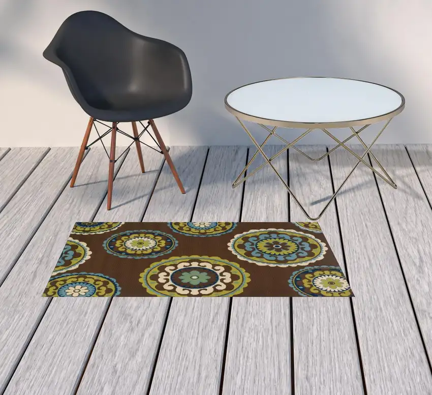 Brown and Green Floral Medallion Indoor Outdoor Area Rug Photo 2