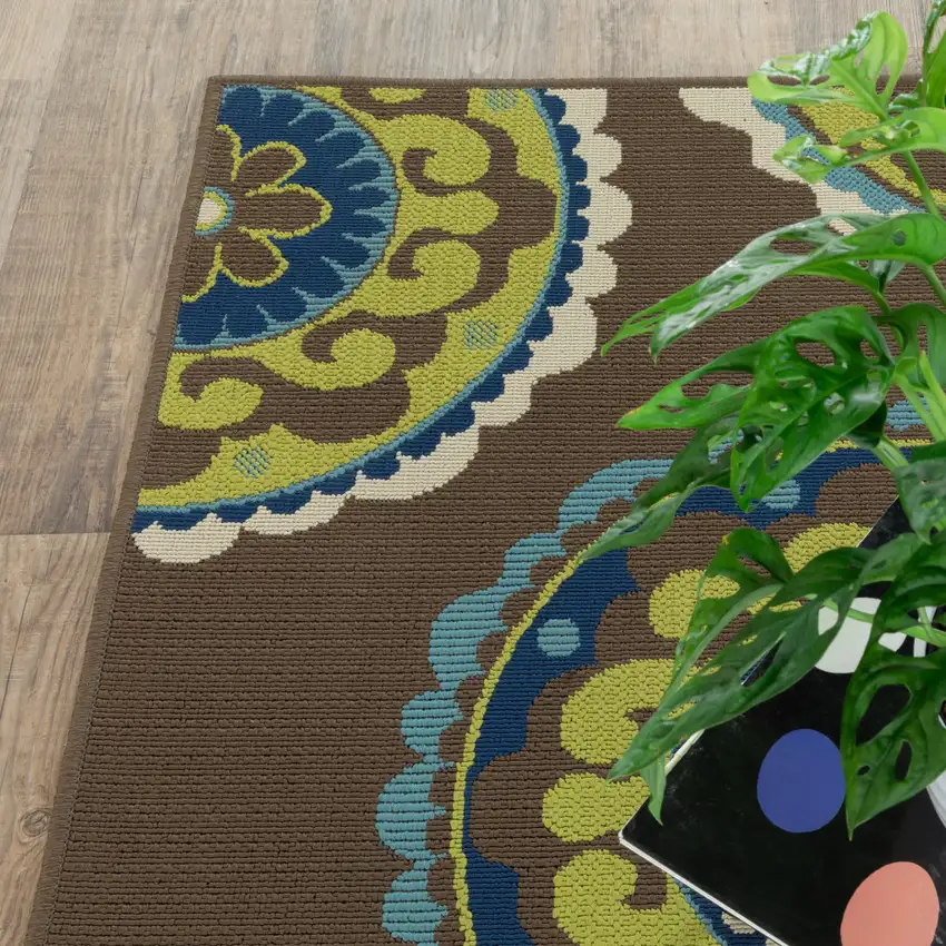Brown and Green Floral Medallion Indoor Outdoor Area Rug Photo 6