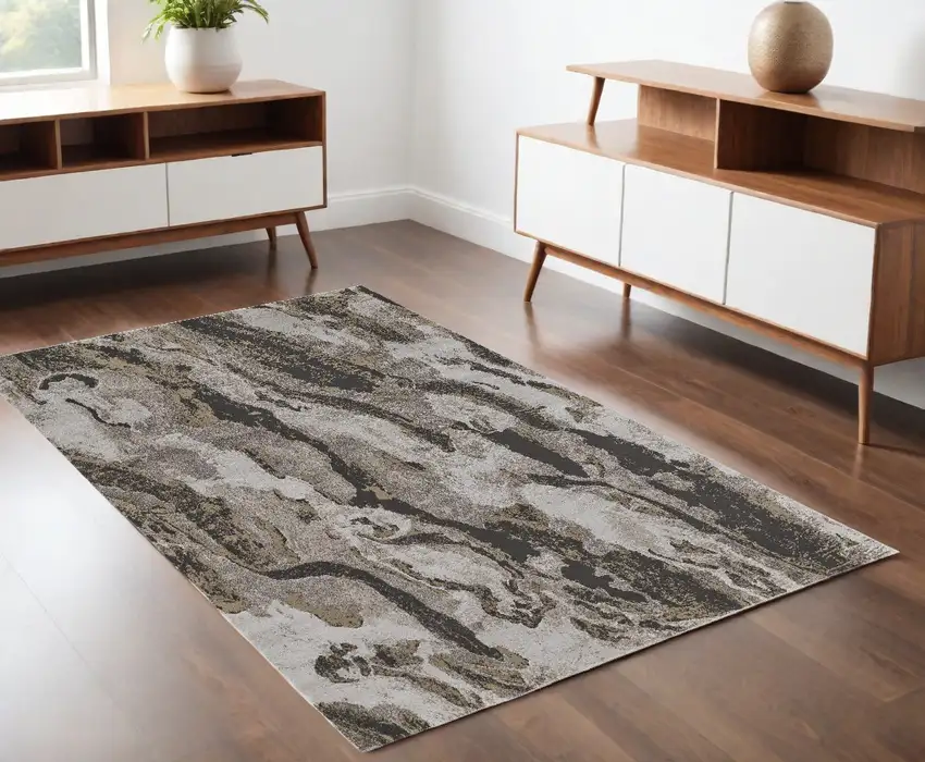Brown and Ivory Abstract Power Loom Distressed Area Rug Photo 1