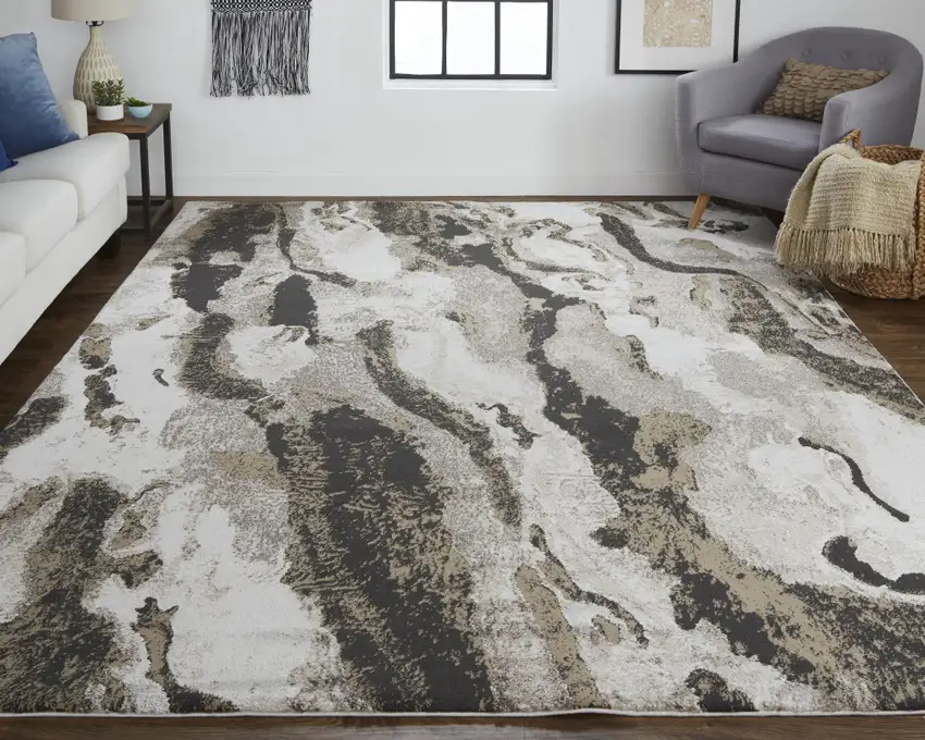 Brown and Ivory Abstract Power Loom Distressed Area Rug Photo 6