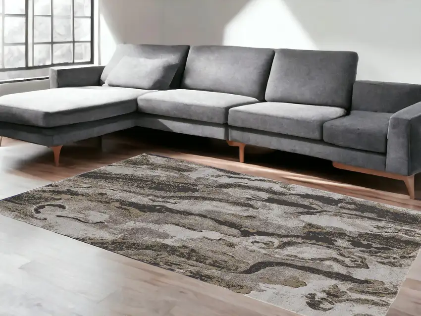 Brown and Ivory Abstract Power Loom Distressed Area Rug Photo 1