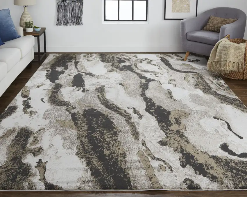 Brown and Ivory Abstract Power Loom Distressed Area Rug Photo 6