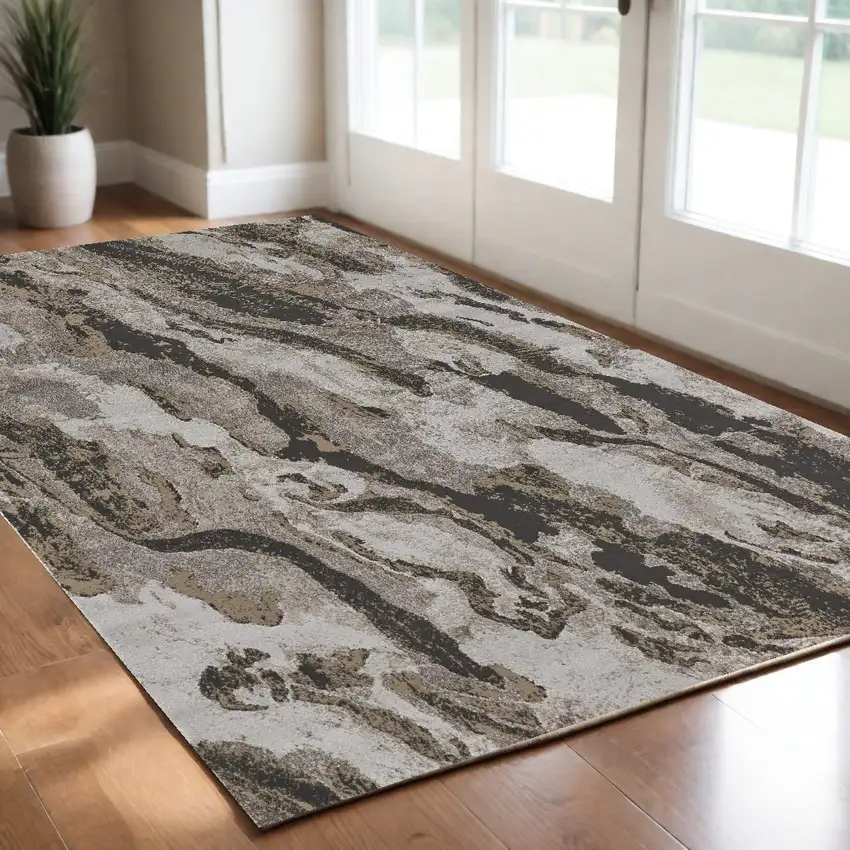 Brown and Ivory Abstract Power Loom Distressed Area Rug Photo 1