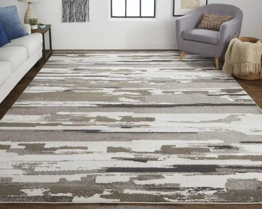Gray Ivory And Brown Abstract Distressed Area Rug Photo 9