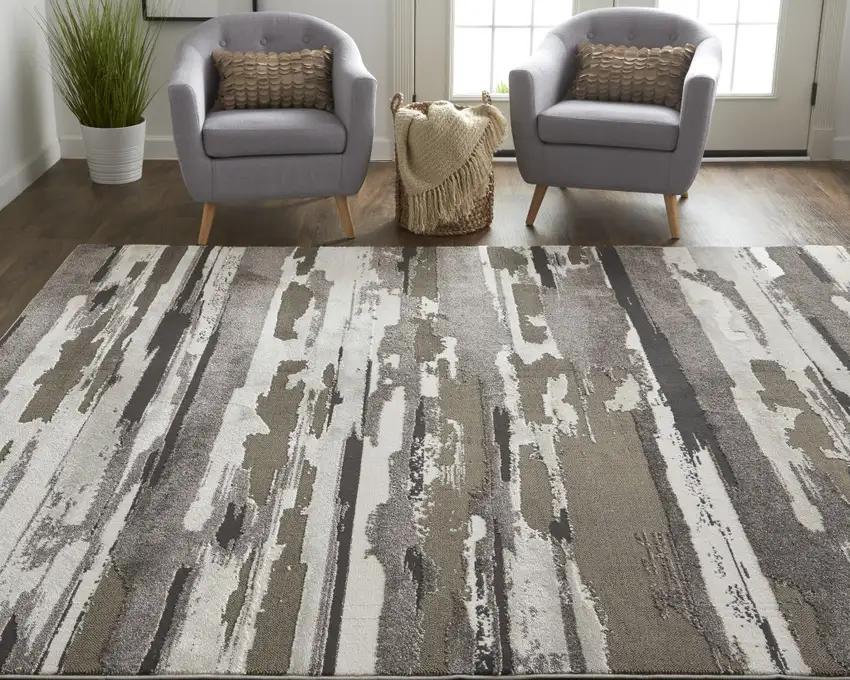 Brown and Ivory Abstract Power Loom Distressed Area Rug Photo 9