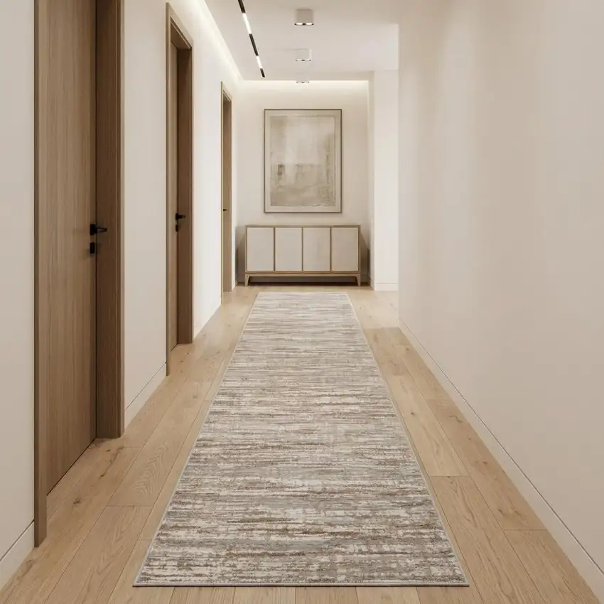 14' Brown And Ivory Abstract Runner Rug Photo 1
