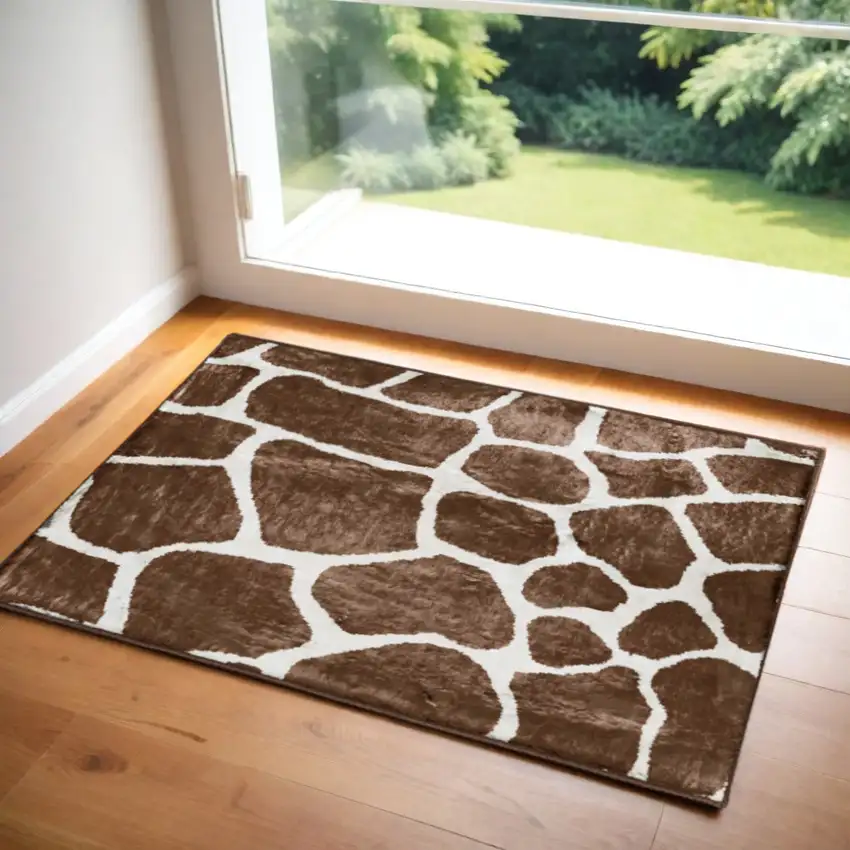 Brown and Ivory Animal Print Handmade Non Skid Area Rug Photo 1