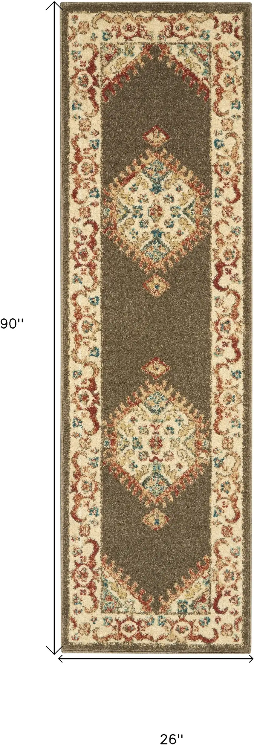 Brown and Ivory Floral Medallion Power Loom Distressed Runner Rug Photo 3