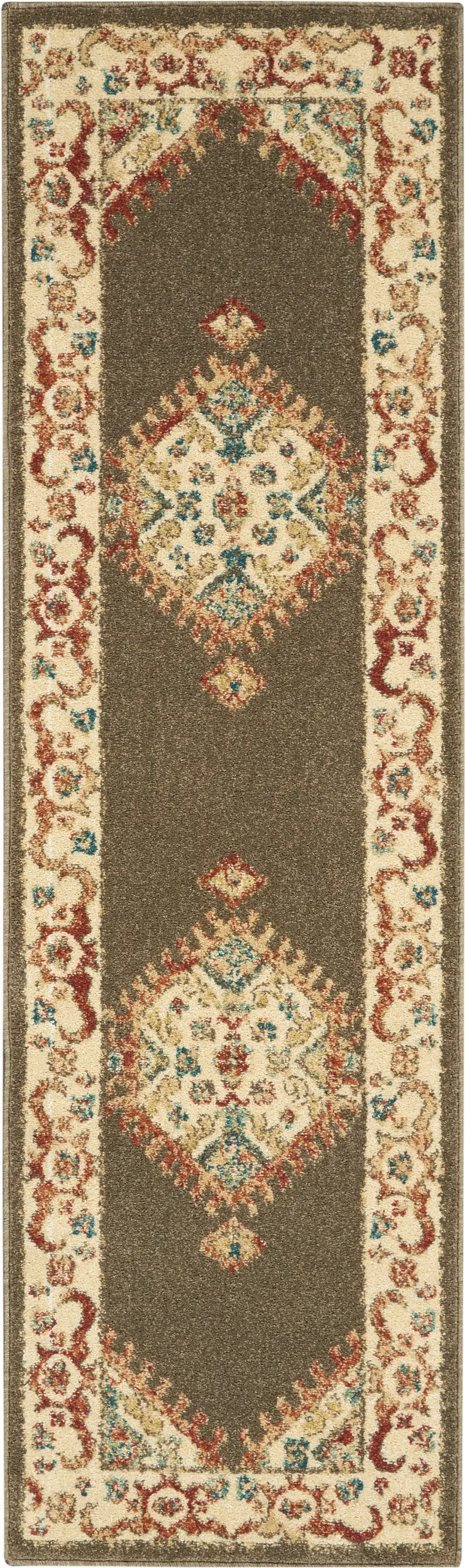 Brown and Ivory Floral Medallion Power Loom Distressed Runner Rug Photo 2