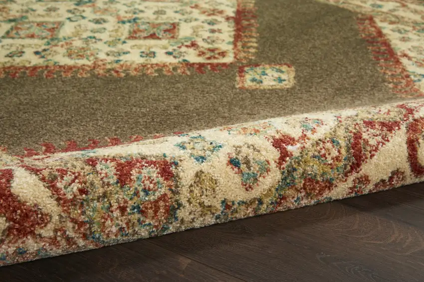 Brown and Ivory Floral Medallion Power Loom Distressed Runner Rug Photo 7