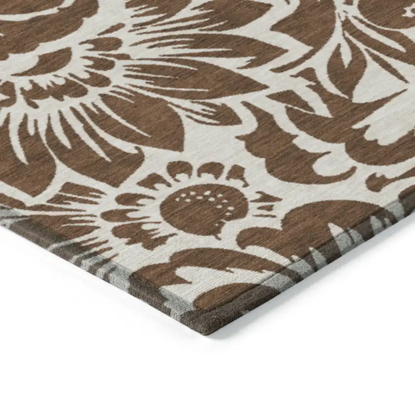 Brown and Ivory Floral Washable Non Skid Indoor Outdoor Area Rug Photo 6