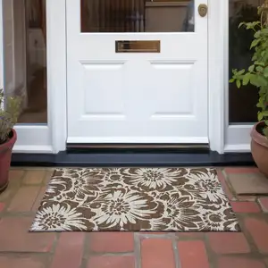 Photo of Brown and Ivory Floral Washable Non Skid Indoor Outdoor Area Rug
