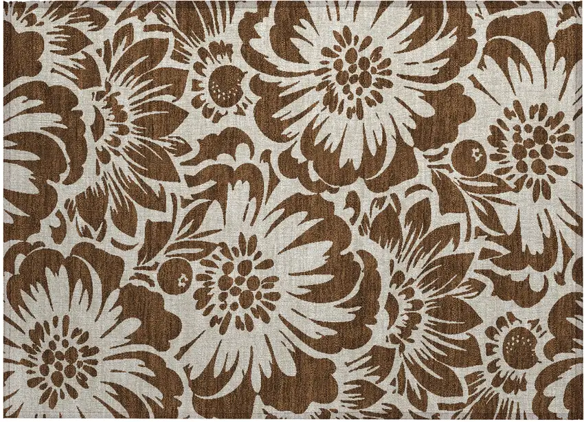 Brown and Ivory Floral Washable Non Skid Indoor Outdoor Area Rug Photo 2