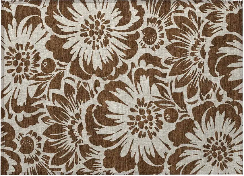 Brown and Ivory Floral Washable Non Skid Indoor Outdoor Area Rug Photo 5