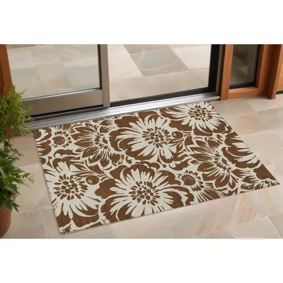 Brown and Ivory Floral Washable Non Skid Indoor Outdoor Area Rug Photo 1