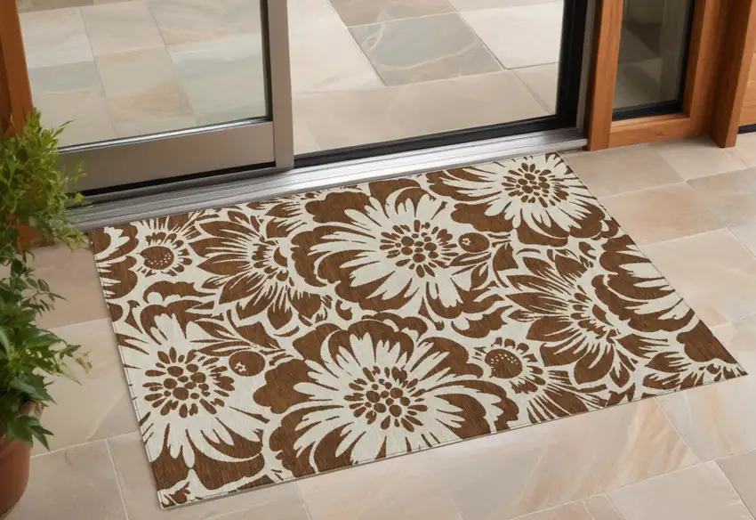 Brown and Ivory Floral Washable Non Skid Indoor Outdoor Area Rug Photo 1
