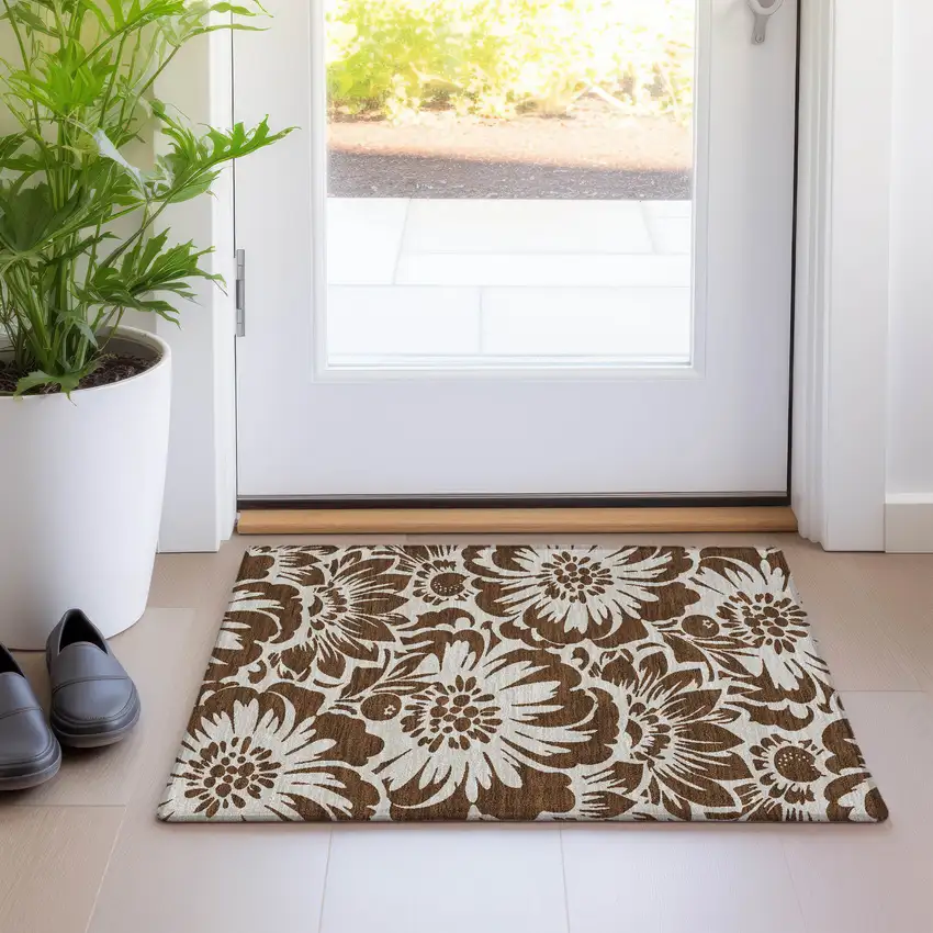 Brown and Ivory Floral Washable Non Skid Indoor Outdoor Area Rug Photo 9