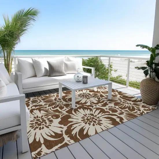 Brown and Ivory Floral Washable Non Skid Indoor Outdoor Area Rug Photo 8
