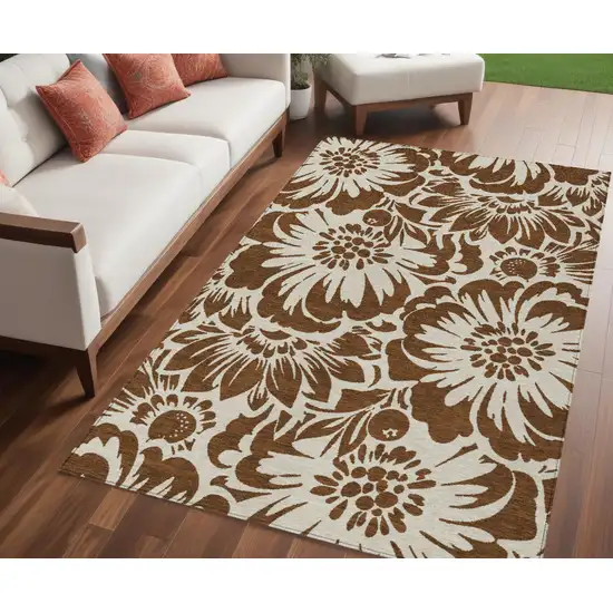 Brown and Ivory Floral Washable Non Skid Indoor Outdoor Area Rug Photo 1