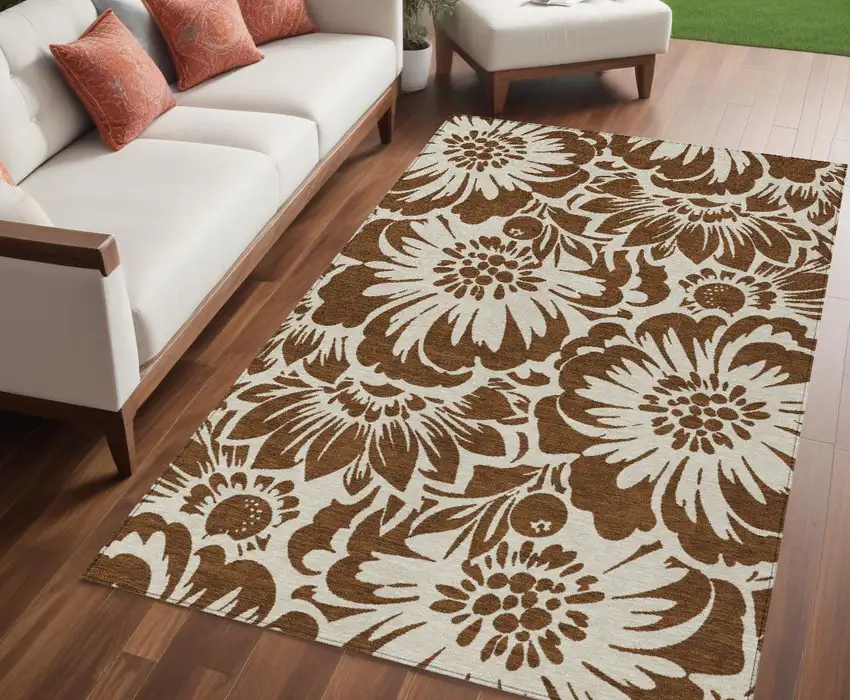 Brown and Ivory Floral Washable Non Skid Indoor Outdoor Area Rug Photo 1