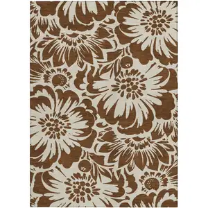 Photo of Brown and Ivory Floral Washable Non Skid Indoor Outdoor Area Rug