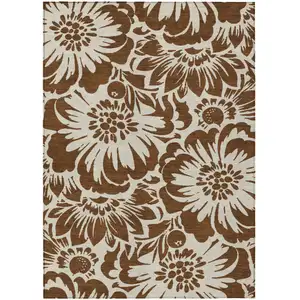 Photo of Brown and Ivory Floral Washable Non Skid Indoor Outdoor Area Rug