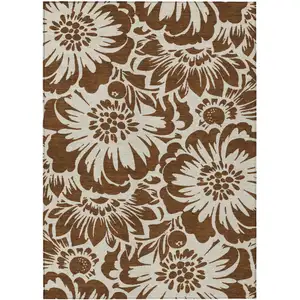 Photo of Brown and Ivory Floral Washable Non Skid Indoor Outdoor Area Rug