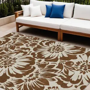 Photo of Brown and Ivory Floral Washable Non Skid Indoor Outdoor Area Rug