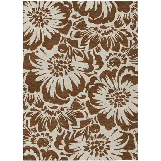 Brown and Ivory Floral Washable Non Skid Indoor Outdoor Area Rug Photo 2